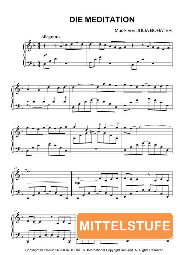 Die Meditation – Klaviernoten (Mittelstufe)