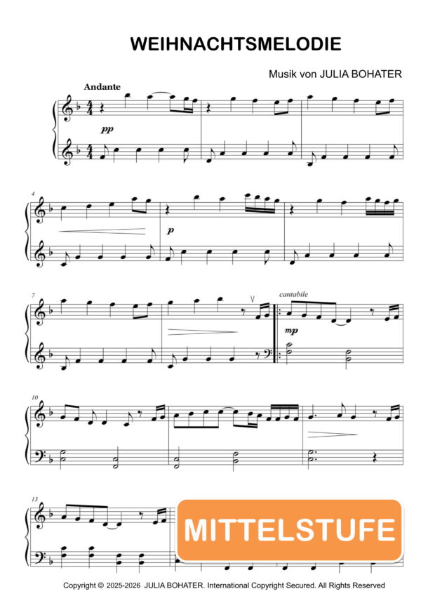 Weihnachtsmelodie – Klaviernoten (Mittelstufe)