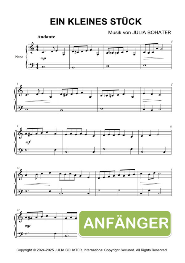 Ein kleines Stück – Einfache Klaviernoten für Anfänger