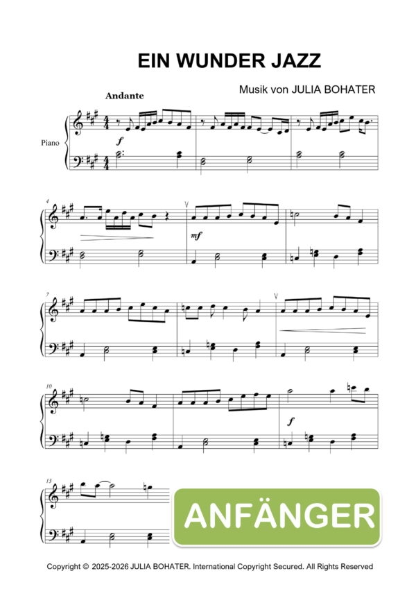 Ein Wunder Jazz – Einfache Klaviernoten für Anfänger