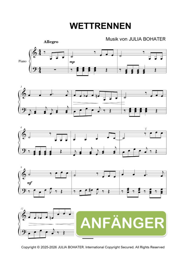 Wettrennen - Einfache Klaviernoten für Anfänger