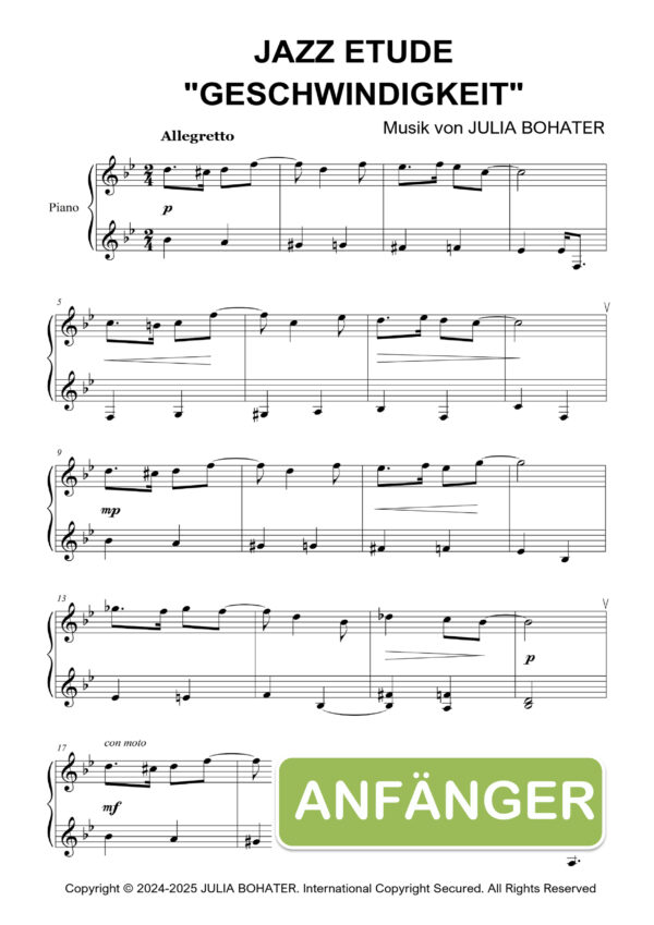 Jazz-Etüde "Geschwindigkeit" – Einfache Klaviernoten für Anfänger
